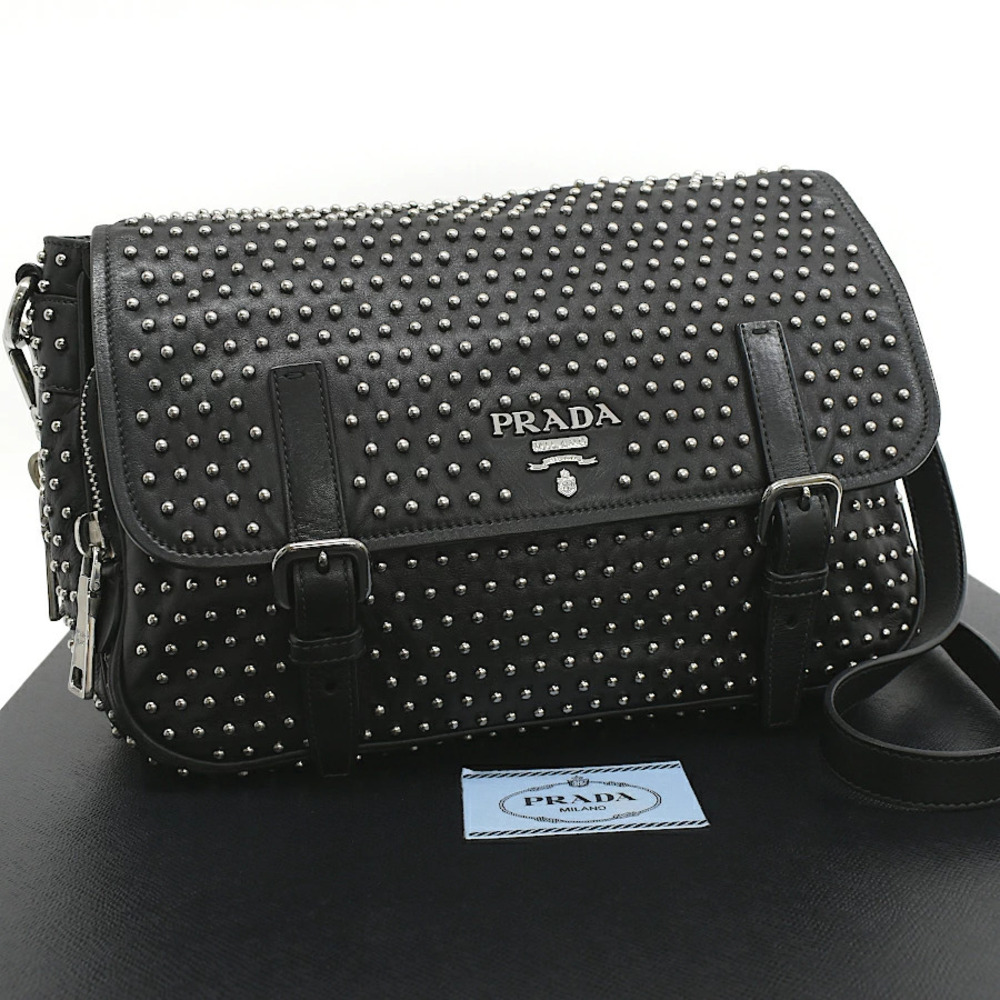 Prada Studded Crossbody Shoulder Bag Leather Black